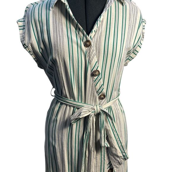 Lulus Back to Classics Green and White Striped Midi Shirt Dress Linen Blend S - Picture 4 of 14